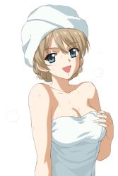 Rule 34 | 10s, 1girl, :d, artist request, bare shoulders, blonde hair, blue eyes, breasts, cleavage, darjeeling (girls und panzer), girls und panzer, hand on own chest, looking at viewer, naked towel, open mouth, short hair, simple background, smile, solo, standing, steam, sweat, towel, towel on head, upper body, white background