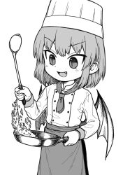 Rule 34 | 1girl, :d, alternate costume, bat wings, cooking, fang, frying pan, greyscale, hat, highres, holding, holding frying pan, holding ladle, ladle, monochrome, neckerchief, oninamako, open mouth, remilia scarlet, short hair, simple background, slit pupils, smile, solo, touhou, v-shaped eyebrows, wings