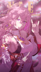 Rule 34 | 1girl, absurdres, animal ears, bare shoulders, blurry, blurry background, bright pupils, character name, cherry blossoms, chromatic aberration, closed mouth, collarbone, detached sleeves, earrings, fingernails, fox ears, fox girl, fox shadow puppet, fox tail, gem, genshin impact, hair between eyes, highres, jewelry, long hair, looking at viewer, nail polish, outdoors, pink hair, pink nails, pink theme, purple eyes, purple gemstone, ricardo contreras, signature, single earring, smile, solo, tail, tree, turtleneck, vision (genshin impact), white pupils, yae miko
