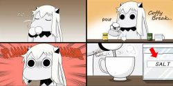 Rule 34 | (o) (o), 10s, 4koma, coffee, coffee cup, collar, comic, commentary request, cup, disposable cup, drinking, english text, engrish text, closed eyes, horns, kantai collection, kettle, long hair, looking at viewer, mittens, moomin, moomintroll, muppo, northern ocean princess, pouring, ranguage, salt, sazanami konami, spit take, spitting, spoon, square 4koma, stirring, white hair