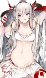 Rule 34 | 1girl, :d, arknights, bandeau, bare shoulders, braid, commentary request, ekuesu, fang, highres, horns, long hair, looking at viewer, midriff, miniskirt, nian (arknights), open mouth, pleated skirt, purple eyes, skirt, smile, solo, strapless, thighs, tube top, twin braids, white hair, white skirt