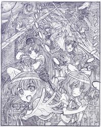 Rule 34 | 6+girls, book, building, cirno, danmaku, dress, embodiment of scarlet devil, female focus, fence, fighting stance, flandre scarlet, foreshortening, full moon, gate, graphite (medium), hat, highres, hong meiling, ice, izayoi sakuya, laevatein, long hair, looking at viewer, maid, monochrome, moon, multiple girls, night, outdoors, patchouli knowledge, polearm, purple theme, remilia scarlet, rumia, sakino shingetsu, scarlet devil mansion, short hair, skirt, sky, spear, spear the gungnir, touhou, traditional media, weapon, wings