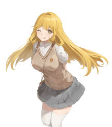 Rule 34 | 1girl, ;p, absurdres, arms behind back, bag, black skirt, blonde hair, breasts, bright pupils, brown eyes, brown sweater vest, collared shirt, commentary, emblem, handbag, highres, large breasts, long hair, looking at viewer, miaooon, one eye closed, pleated skirt, school emblem, school uniform, shirt, shokuhou misaki, short sleeves, skirt, smile, solo, star-shaped pupils, star (symbol), summer uniform, sweater vest, symbol-shaped pupils, toaru kagaku no mental out, toaru kagaku no railgun, toaru majutsu no index, tokiwadai school uniform, tongue, tongue out, white background, white pupils, white shirt
