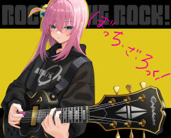 Rule 34 | &gt;:(, 1girl, alternate costume, black background, black hoodie, blue eyes, bocchi the rock!, copyright name, crossed bangs, cube hair ornament, dot nose, drawstring, electric guitar, foreshortening, fujioni, gibson les paul, gotoh hitori, guitar, hair between eyes, hair intakes, hair ornament, highres, holding, holding plectrum, hood, hoodie, instrument, letterboxed, light blush, long hair, looking at viewer, music, one side up, outside border, pink hair, playing instrument, plectrum, print hoodie, sidelocks, text background, translation request, tsurime, two-tone background, upper body, v-shaped eyebrows, yellow background