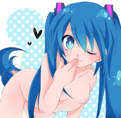 Rule 34 | 1girl, bad id, bad pixiv id, blue hair, breasts, flat chest, hatsune miku, heart, long hair, nipples, nude, one eye closed, polka dot, polka dot background, ryuuga sazanami, small breasts, smile, solo, tail, twintails, vocaloid, wink