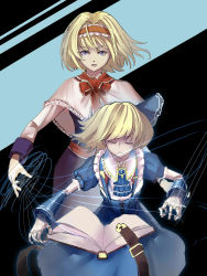 Rule 34 | 2girls, absurdres, alice margatroid, alice margatroid (pc-98), alternate costume, ascot, blonde hair, bloody cuke, blue bow, blue dress, blue hairband, blue skirt, book, bow, brooch, capelet, closed mouth, collared shirt, doll, doll joints, dress, closed eyes, frilled ascot, frills, grimoire of alice, hair bow, hair ornament, hair ribbon, hairband, highres, jewelry, joints, lolita hairband, multiple girls, open book, open mouth, puffy short sleeves, puffy sleeves, red ascot, red hairband, ribbon, shirt, short hair, short sleeves, skirt, suspenders, touhou, touhou (pc-98), white shirt