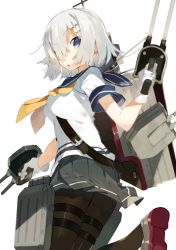 Rule 34 | 10s, 1girl, :o, anklet, backpack, bag, belt, between breasts, blue eyes, breasts, cannon, from behind, from below, gloves, gun, hair ornament, hair over one eye, hairclip, hamakaze (kancolle), jewelry, kantai collection, karei (hirameme), leg up, looking at viewer, machinery, neckerchief, open mouth, over shoulder, pantyhose, parted lips, school uniform, short hair, simple background, skirt, solo, thigh strap, torpedo, turret, weapon, white background, white gloves, white hair, yellow neckerchief