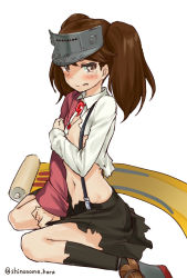 Rule 34 | 10s, 1girl, blush, brown eyes, brown hair, embarrassed, kantai collection, kneehighs, looking at viewer, magatama, midriff, navel, pleated skirt, ryuujou (kancolle), scroll, shinonome haru, shoes, skirt, socks, solo, suspenders, tears, torn clothes, twintails, twitter username, visor cap, white background