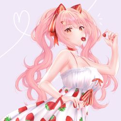 Rule 34 | 1girl, absurdres, animal ears, armpits, bare shoulders, cat ears, choker, dress, food, food print, fruit, hair ornament, hair ribbon, hairpin, highres, long hair, looking at viewer, nail polish, original, pink hair, red choker, red eyes, red ribbon, ribbon, shiiyou, solo, strawberry, strawberry print, twintails, white dress
