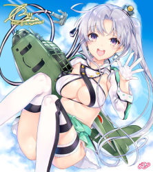 Rule 34 | 10s, 1girl, :d, adapted costume, ahoge, aircraft, airplane, akitsushima (kancolle), anchor, breasts, cleavage cutout, clothing cutout, earrings, flying boat, gloves, gradient background, grey hair, hair ornament, hair ribbon, jewelry, kaguyuzu, kantai collection, large breasts, long hair, looking at viewer, machinery, military, military uniform, miniskirt, nishikitaitei-chan, open mouth, parted bangs, pleated skirt, purple eyes, purple hair, ribbon, side ponytail, sidelocks, skirt, smile, solo, thighhighs, uniform, white gloves, zettai ryouiki