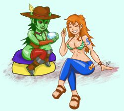 Rule 34 | ass, bad tag, breasts, choker, closed eyes, cushion, d6, dice, gem, grin, hat, highres, jewelry, large breasts, long hair, multiple girls, nami (one piece), necklace, non-web source, not furry, one piece, open mouth, sandals, simple background, sitting, smile, strip poker night at the inventory, trixie (huffslove)