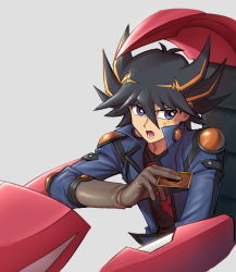Rule 34 | 1boy, black hair, blue eyes, buttons, card, commentary request, fudo yusei, gloves, hair between eyes, hand up, holding, holding card, jacket, koma yoichi, lower teeth only, male focus, open clothes, open jacket, open mouth, popped collar, shirt, sideways glance, solo, spiked hair, teeth, tongue, yu-gi-oh!