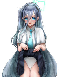 Rule 34 | 113hue, 1girl, absurdres, aqua eyes, aqua necktie, aris (blue archive), black hair, black skirt, blue archive, blush, breasts, clothes lift, gradient hair, hair between eyes, halo, highres, lifted by self, long bangs, long hair, looking at viewer, multicolored hair, necktie, one side up, shirt, short sleeves, simple background, skirt, skirt lift, small breasts, solo, very long hair, white background, white shirt