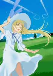 Rule 34 | 1girl, :d, blonde hair, blue bow, blue flower, blue ribbon, blue rose, blue sky, bow, cloud, contrail, day, dress, flower, glasses, grass, grey-framed glasses, hand on headwear, hat, hat bow, homare (homaredai), long hair, open mouth, outdoors, perrine h. clostermann, puffy short sleeves, puffy sleeves, ribbon, rose, short sleeves, sky, smile, solo, sparkle, standing, strike witches, sun hat, sundress, tree, white dress, wind, world witches series, yellow eyes