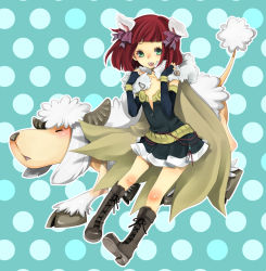 Rule 34 | 1girl, alchemist (ragnarok online), amistr (ragnarok online), animal ears, blue background, blue gloves, blush, boots, bow, brown cape, brown footwear, cape, commentary request, cross-laced footwear, dog ears, dress, elbow gloves, fingerless gloves, flat chest, full body, fur collar, gloves, green eyes, grey dress, hair bow, highres, looking at viewer, open mouth, purple bow, ragnarok online, red hair, sheep, short dress, short hair, smile, strapless, strapless dress, yutsuki