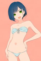Rule 34 | 10s, 1girl, akagi (fmttps), bad id, bad pixiv id, bikini, blue hair, contrapposto, cowboy shot, darling in the franxx, front-tie bikini top, front-tie top, green eyes, hair ornament, hairclip, hand on own hip, highres, ichigo (darling in the franxx), looking at viewer, navel, open mouth, orange background, short hair, smile, solo, standing, strapless, swimsuit, tube top, white bikini