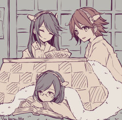 Rule 34 | 10s, 3girls, artist name, bad id, bad pixiv id, berukko, book, cup, dated, glasses, hairband, haruna (kancolle), hiei (kancolle), kantai collection, kirishima (kancolle), kotatsu, long hair, multiple girls, open book, open mouth, personification, reading, short hair, signature, smile, table