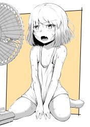 Rule 34 | 1girl, absurdres, bare shoulders, blush, breasts, electric fan, fan speaking, fang, girls und panzer, highres, katyusha (girls und panzer), monochrome, no bra, no pants, open mouth, orange theme, partially colored, rorimo, shirt, short hair, simple background, sitting, small breasts, solo, sweat, tongue, two-tone background
