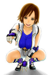 Rule 34 | 1girl, :d, belt, boots, breasts, brown eyes, brown hair, crop top, elbow pads, fingerless gloves, full body, gloves, hawk (artist), hawk (cwmg), jacket, kazama asuka, large breasts, midriff, namco, open fly, open mouth, pointing, shadow, short hair, shorts, simple background, smile, solo, squatting, tekken, unzipped, zipper