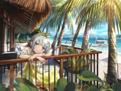 Rule 34 | 1girl, alternate costume, artist name, beach, bloop (gawr gura), blue eyes, blue hair, blue sky, blush, boat, bow, chair, closed mouth, cloud, dappled sunlight, day, dress, dress bow, flask, flower, gawr gura, grey hair, hair bow, hair flower, hair ornament, highres, hololive, hololive english, house, looking at viewer, mountainous horizon, multicolored hair, ocean, outdoors, palm tree, plant, potted plant, sand, short hair, sidelocks, sky, smile, solo, streaked hair, sunlight, table, tenchi mayo, tree, two side up, virtual youtuber, watercraft, white bow, yellow bow, yellow dress