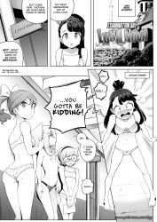 Rule 34 | 4girls, angry, bra, breasts, comic, english text, geewhy, greyscale, highres, kagari atsuko, little witch academia, lotte jansson, medium breasts, monochrome, multiple girls, panties, patreon username, polka dot, polka dot panties, right-to-left comic, school, small breasts, sucy manbavaran, thought bubble, underwear, watermark, web address