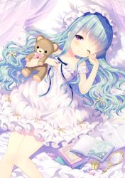 Rule 34 | 1girl, absurdres, bare shoulders, blue hair, blush, book, bow, braid, candy, collarbone, crown, dress, flower, hair flower, hair ornament, hand mirror, hat, highres, long hair, lying, mini crown, mirror, mob cap, nose blush, on back, one eye closed, open book, original, pillow, pink bow, purple eyes, scan, solo, sparkle, stuffed animal, stuffed toy, teddy bear, twin braids, very long hair, wasabi (sekai), wavy hair, white dress, wrapped candy