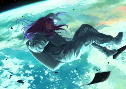 Rule 34 | 1girl, animal ears, earth (planet), full body, kiyonetto, long hair, looking at viewer, outdoors, planet, purple hair, rabbit ears, rabbit girl, red eyes, reisen udongein inaba, solo, space, spacesuit, touhou