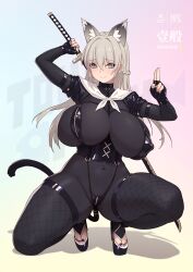 Rule 34 | 1girl, absurdres, animal ear fluff, animal ears, bikini, bikini over clothes, black bikini, black bodysuit, black gloves, blue eyes, blush, bodysuit, breast zipper, breasts, cat ears, cat girl, cat tail, closed mouth, covered erect nipples, covered navel, crotch zipper, full body, gloves, hair between eyes, high heels, highleg, highres, holding, holding sword, holding weapon, huge breasts, impossible clothes, katana, kuji-in, light brown hair, long hair, looking at viewer, micro bikini, ninja, original, rekaerb maerd, revealing clothes, shiny clothes, skin tight, smile, solo, squatting, swimsuit, swimsuit over clothes, sword, tail, thick thighs, thighs, weapon, zipper
