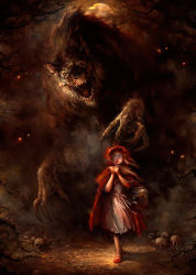 Rule 34 | 1girl, artist request, basket, big bad wolf, blonde hair, blue eyes, cape, claws, clenched hands, dark, dress, drooling, full body, full moon, glowing, glowing eyes, highres, hood, lips, little red riding hood, little red riding hood (grimm), looking at another, looking down, looking up, md5 mismatch, monster, moon, open mouth, red hood, red lips, sharp teeth, size difference, skull, teeth, thorns, walking, wolf