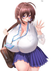 Rule 34 | 1girl, absurdres, ahoge, bag, blue skirt, blush, breasts, brown hair, cleavage, collared shirt, doinaka, gigantic breasts, hair intakes, heart, highres, id card, looking at viewer, low twintails, open mouth, original, purple eyes, school bag, school uniform, shirt, shirt tucked in, short hair, short twintails, skirt, smile, solo, twintails, walking, waving, white background