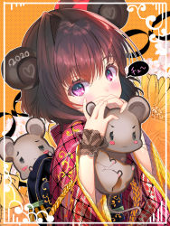 Rule 34 | 1girl, 2020, :3, animal, animal ears, blush, blush stickers, brown hair, chinese zodiac, closed mouth, commentary request, covered mouth, floral background, grey eyes, hair between eyes, hands up, heart, highres, holding, holding animal, japanese clothes, kimono, long sleeves, looking at viewer, mouse (animal), mouse ears, orange background, original, purple eyes, red kimono, see-through, single hair intake, solo, tonchan, wide sleeves, year of the rat