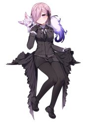 Rule 34 | 1girl, alternate costume, black bow, black footwear, black gloves, black jacket, black pantyhose, black shorts, blush, bow, braid, breasts, center frills, closed mouth, creature, fate/grand order, fate (series), formal, fou (fate), frills, full body, gloves, hair bow, hair over one eye, highres, jacket, long sleeves, mash kyrielight, medium breasts, mono (mono mon), pantyhose, pink hair, purple eyes, shirt, shoes, short shorts, shorts, sitting, suit, transparent background, white shirt