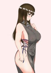 Rule 34 | 1girl, absurdres, black dress, black hair, black panties, blunt bangs, blush, breasts, brown eyes, china dress, chinese clothes, closed mouth, cowboy shot, dress, frown, girls und panzer, glaring, half-closed eyes, highres, huge breasts, lace-up, long hair, looking at viewer, mature female, navel, nipples, nishizumi shiho, panties, pink background, revealing clothes, see-through, simple background, solo, standing, straight hair, string panties, underwear, yuusha