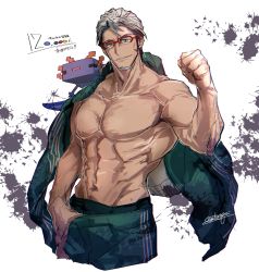 Rule 34 | 1boy, abs, animal, animal on shoulder, arurandeisu, axolotl (minecraft), bad id, bad pixiv id, beard, clenched hand, congratulations, cropped legs, facial hair, glasses, green eyes, grey hair, hair slicked back, hand up, highres, holostars, hotate rayan, jacket, jacket on shoulders, looking at viewer, muscular, muscular male, navel, no nipples, pants, pectorals, red-framed eyewear, semi-rimless eyewear, smile, solo, topless male, track jacket, track pants, twitter username, virtual youtuber, white background