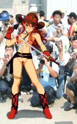 Rule 34 | 00s, 1girl, 6+boys, blurry, blurry background, boots, breasts, censored, cowboy boots, cowboy hat, cowboy western, exhibitionism, female pubic hair, gemini sunrise, gun, handgun, hat, highres, katana, long hair, mosaic censoring, multiple boys, navel, nipples, nude, nude filter, photo background, photographic proof, ponytail, pubic hair, public indecency, revealing clothes, revolver, sakura taisen, sakura taisen v, sega, small breasts, solo focus, sword, third-party edit, weapon