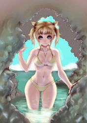 Rule 34 | bad id, bad pixiv id, bikini, blonde hair, blue eyes, cave, day, hip focus, imamushi, jewelry, necklace, short hair, solo, swimsuit, twintails, wading, water, wide hips