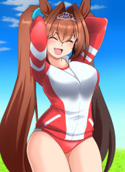 Rule 34 | 1girl, absurdres, blue sky, breasts, brown hair, buruma, cloud, commentary request, cowboy shot, daiwa scarlet (umamusume), day, closed eyes, fang, gym uniform, hair intakes, highres, jacket, large breasts, long hair, multicolored clothes, multicolored jacket, nanao futaba, outdoors, red buruma, skin fang, sky, smile, solo, tiara, track jacket, twintails, two-tone jacket, umamusume, very long hair