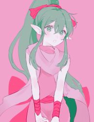 Rule 34 | 1girl, bad id, bad twitter id, dress, fire emblem, fire emblem: mystery of the emblem, green eyes, green hair, hair ribbon, long hair, nintendo, open mouth, pink background, pink dress, pointy ears, ponytail, r 6tkm, red ribbon, ribbon, simple background, solo, tiki (fire emblem), tiki (young) (fire emblem), very long hair
