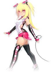 Rule 34 | 1girl, blonde hair, breasts, elbow gloves, fingerless gloves, full body, gloves, hair ornament, kamdia, long hair, looking at viewer, miniskirt, pangya, red eyes, skirt, smile, solo, spika (pangya), thighhighs, transparent background, two side up