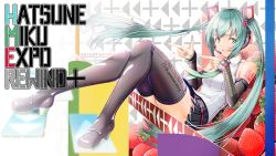 Rule 34 | 1girl, absurdres, aqua eyes, aqua hair, black skirt, boots, clenched teeth, detached sleeves, food, fruit, hair ornament, hatsune miku, hatsune miku (vocaloid4), hatsune miku expo, headphones, highres, legs up, long hair, looking at viewer, nail polish, necktie, pointing, pointing at another, shoulder tattoo, sitting, sitting on object, skirt, smile, strawberry, tattoo, teeth, thigh boots, tom (rock n tom), twintails, vocaloid