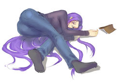 Rule 34 | 00s, ass, bad id, bad pixiv id, blush, book, casual, check pixiv source, dashman, denim, fate/stay night, fate (series), feet, glasses, jeans, long hair, lying, medusa (fate), medusa (rider) (fate), pants, purple eyes, purple hair, simple background, socks, solo, very long hair