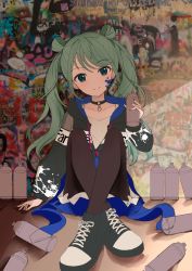 Rule 34 | 1girl, absurdres, against wall, bad id, bad pixiv id, black legwear, blue eyes, choker, clothing request, commentary, full body, graffiti, green footwear, green hair, hand on floor, hand up, hatsune miku, highres, holding, jacket, long hair, long sleeves, looking at viewer, paint splatter, paint splatter on face, project sekai, shan (ti0n), sitting, smile, solo, spray can, spray paint, twintails, vivid bad squad miku, vocaloid