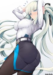 Rule 34 | 1girl, ass, black bow, blouse, blue eyes, bow, braid, breasts, brown pantyhose, fate/grand order, fate (series), french braid, grey hair, hair bow, large breasts, long hair, looking at viewer, morgan le fay (chaldea satellite station) (fate), morgan le fay (fate), pantyhose, ponytail, shirt, sidelocks, thighs, unadon, very long hair, white shirt