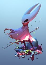 Rule 34 | 1other, cloak, holding, holding weapon, hollow eyes, hollow knight, hornet (hollow knight), needle (hollow knight), red cloak, solo, standing, weapon