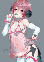 Rule 34 | 1boy, armpits, bare shoulders, blush, bridal garter, brown hair, candy, censored, choker, curled horns, dated, detached sleeves, dragon horns, dragon tail, eating, erection, food, frills, grey background, hair between eyes, heart, heart censor, highres, holding, holding candy, holding food, holding lollipop, horns, licking, lingerie, lollipop, looking at viewer, navel, nightgown, nipples, nose blush, original, panties, penis, pink panties, purple choker, purple eyes, purple hair, saliva, scales, see-through, short hair with long locks, simple background, sleeves past wrists, solo, stomach, tail, tawapo, thighhighs, tongue, tongue out, trap, twitter username, underwear, white sleeves, white thighhighs