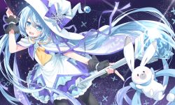 Rule 34 | 1girl, blue eyes, blue hair, rabbit, fingerless gloves, gloves, hat, hatsune miku, long hair, matching hair/eyes, open mouth, pantyhose, skirt, snowflakes, solo, transistor, twintails, very long hair, vocaloid, wand, witch hat, yuki miku, yukine (vocaloid)