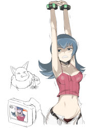 Rule 34 | 1girl, @ @, armpits, arms up, bare arms, battery indicator, belt, black belt, blue eyes, blue hair, blush, bracelet, breasts, camisole, cleavage, collarbone, cowboy shot, creatures (company), crop top, cropped legs, digital camera, flipped hair, frown, game freak, gen 1 pokemon, gym leader, hip bones, hip focus, hypno, hypnosis, interlocked fingers, jewelry, long hair, looking to the side, medium breasts, midriff, mind control, motion lines, multiple views, navel, nintendo, open belt, open fly, panties, pants, parted lips, pendulum, pink camisole, pokemon, pokemon (creature), pokemon hgss, recording, sabrina (pokemon), simple background, sketch, spaghetti strap, stomach, strap gap, sweat, tesu, trembling, unbuckled, underwear, white background, white pants