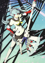 Rule 34 | android, atlus, highres, labrys (persona), long hair, official art, persona, persona 4: the ultimate in mayonaka arena, ponytail, red eyes, robot, school uniform, silver hair, skirt, soejima shigenori, weapon