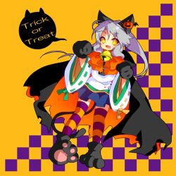 Rule 34 | 1girl, :d, alternate headwear, animal ears, animal hands, bell, blue skirt, cat ears, cat feet, cat paws, cat tail, checkered background, fang, grey hair, hair ornament, halloween, halloween costume, jack-o&#039;-lantern, jack-o&#039;-lantern hair ornament, japanese clothes, kamome, kariginu, long hair, long sleeves, looking at viewer, mononobe no futo, no headwear, open mouth, paw pose, pom pom (clothes), ponytail, ribbon-trimmed sleeves, ribbon trim, simple background, skirt, smile, solo, speech bubble, striped clothes, striped thighhighs, tail, thighhighs, touhou, trick or treat, wide sleeves, yellow eyes, zettai ryouiki