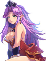 Rule 34 | 1girl, a-na, angela (seiken densetsu 3), bare shoulders, breasts, cleavage, closed mouth, earrings, highres, jewelry, large breasts, leotard, long hair, looking away, purple hair, red leotard, seiken densetsu, seiken densetsu 3, simple background, solo, tears, white background